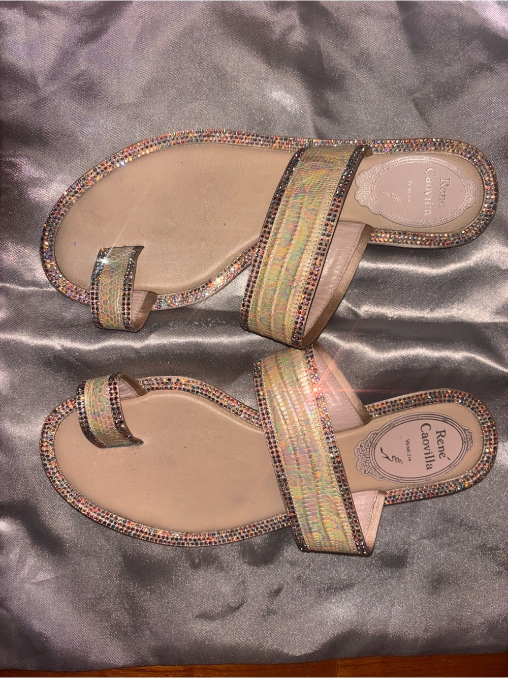 Rene Caovilla beige sandals with rhinestone embellishments. Size 35.